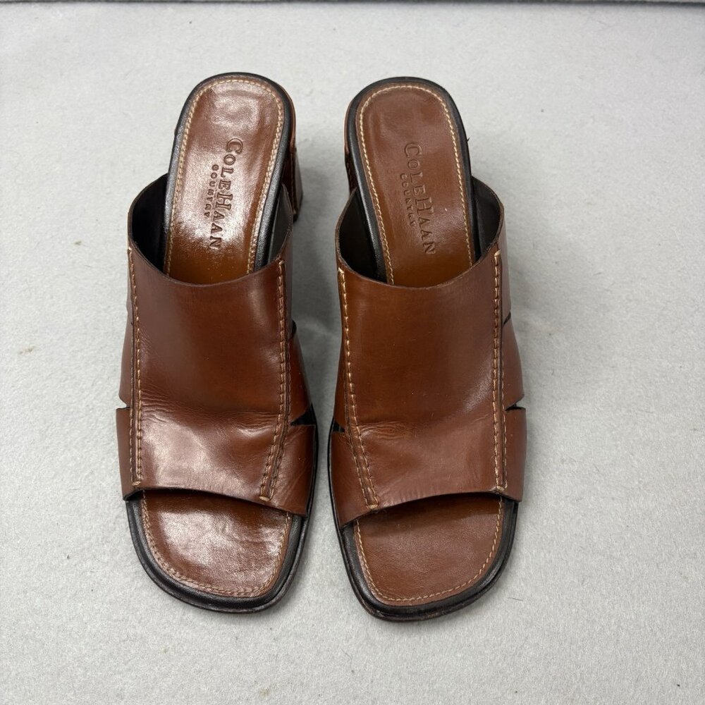 Cole Haan Slip On Sandal 7.5 AA Brown Leather Block Heel Open Toe‎ Style - Picture 2 of 9